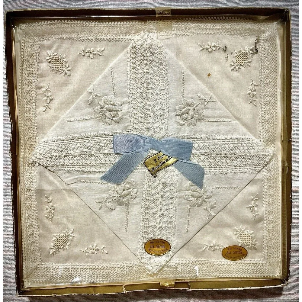 Vintage Swiss Cotton Handkerchiefs White RN 14750 Embroidered Gift Box Set of 2